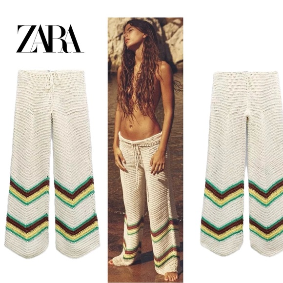 Zara Pants - Zara crochet knit Rasta pants drawstring beach coverup Sz M NWOT summer vacation